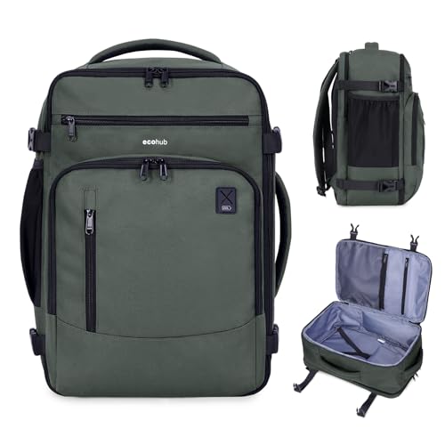 ECOHUB 17" Small Travel Backpack, United Airlines Personal Item Bag 17x10x9 with 16 Pockets, Water Resistant Rucksacks Fit 15.6" Laptop, AirTag Pocket, Lightweight Casual Daypack, 25L, Green - color: Green-2, size: 17 inch underseat