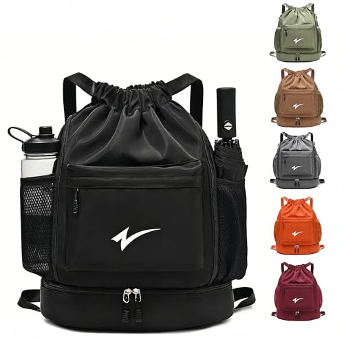 Sport Drawstring Backpack, Gym Bag with Mesh Side Pockets and Separate Shoe Compartment, Water-Resistant (Black) - color: Black