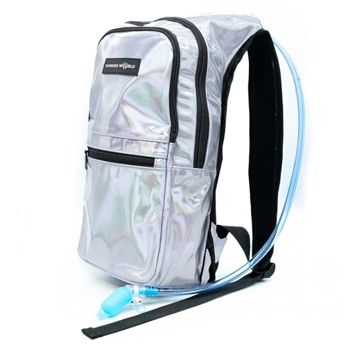 Kandies World Reflective Festival Hydration Pack - 2L Hydropack for Raves, Hiking, Biking, Running, and More (with Anti-Theft Pocket) - style: Silver Holographic