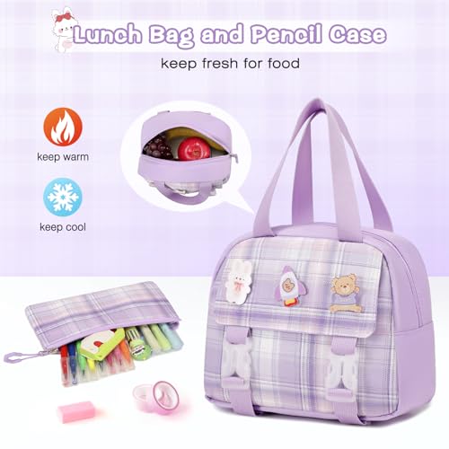 3PCS School Backpack for Girls, Girls Backpack with Lunch Box, Pencil Case, Cute Kawaii Plaid Book Bag for Teen Girl Kindergarten Elementary Preschool Middle High School, Purple - color: Purple