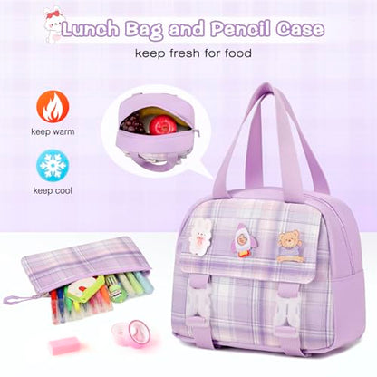 3PCS School Backpack for Girls, Girls Backpack with Lunch Box, Pencil Case, Cute Kawaii Plaid Book Bag for Teen Girl Kindergarten Elementary Preschool Middle High School, Purple - color: Purple