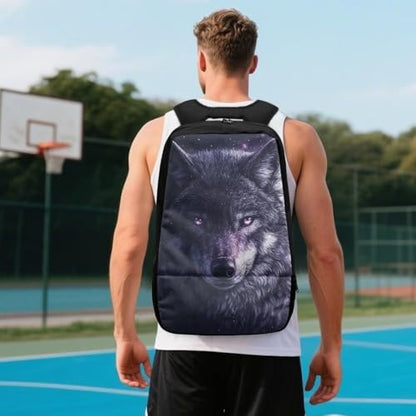 18.5in Basketball Backpack Basketball Bag with Shoe Compartment & Ball Holder, Waterproof Bag for Soccer Volleyball - color: Cool Dark Night Wolf Print