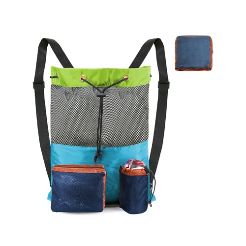 BeeGreen Gym Bags for Men Women Mesh Drawstring Backpack for Swim Sports Workout Gear Gifts for Swimmers Beach Pool Wrestling Backpack Cinch Bag With 3 Pockets Green Blue Medium - color: Green Blue, style: Backpack