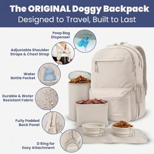 Dog Travel Bag for Supplies - Complete Dog Diaper Bag Backpack with 2 BPA-Free Travel Bowls, Treat Pouch, Food Container, Placemat & Laptop Sleeve – for Traveling, Road Trips, Hiking: Beige - color: Beige