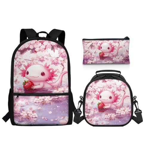 Cute Axolotl Backpack for Girls Kids School Bookbag Satchel with Insulated Lunch Box and Pencil Case Set 3 PCS Teen Middle School Backpacks - color: Axolotl Strawberry