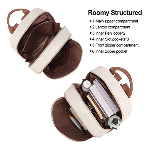 CLUCI Laptop Backpack for Women Leather 15.6 inch Computer Backpack Travel Vintage Large Bag Beige With Brown