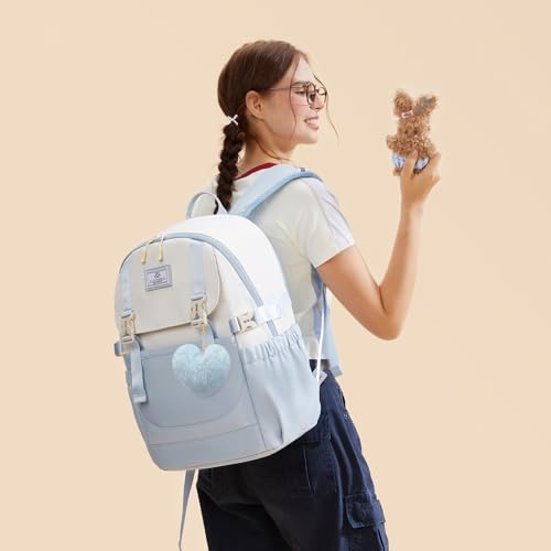 LOVEVOOK School Backpack for Teen Girls, Waterproof Travel College Bookbag for Middle High School with Large Cup Holder & Pencil Case, Fits 15.6'' Laptop, Cute Aesthetic Kids Student Backpack - color: Baby Blue