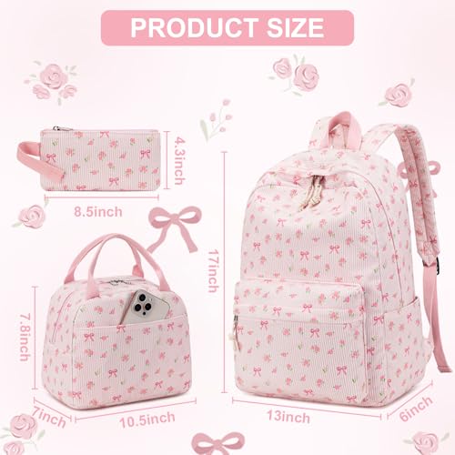 BTOOP School Backpacks for Teen Girls Bookbags Lightweight Kids Backpack School Bags Set with Lunch Box Pencil Case - color: A-pink Bow-pink Flower