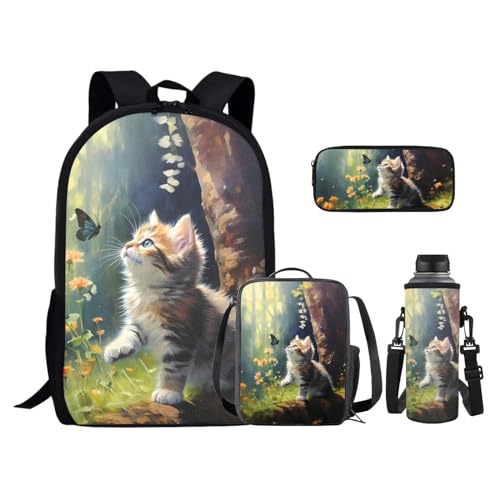 Cute Cat School Backpack Set for Girls Boys Daisy Butterfly Backpack with Lunch Box Pencil Case Water Bottle Holder Elementary Middle Bookbag for Students Back to School Gifts - color: Cute Cat Daisy Butterfly