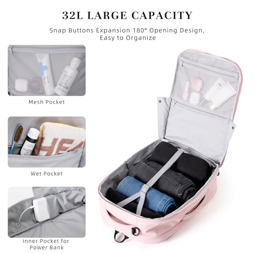 Timeet Travel Backpack for Women Men, 32L 4 In 1 Carry on Luggage Backpack, TSA Friendly Flight Approved 17 Inch Laptop Backpack, Waterproof Travel Bag for Work School Camping Hiking, Dusty Pink - color: Dusty Pink