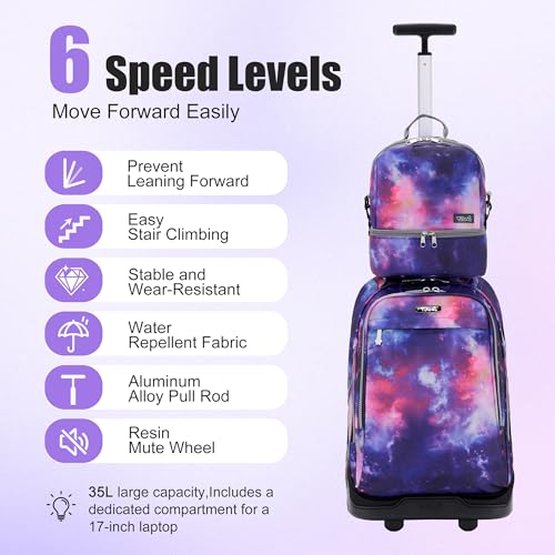 NEW TILAMI 19 Inch Rolling Backpack with Lunch Bag for Girls Boys Wheeled Laptop Backpack Durable Carry-on Bag School Travel, Purple Starry - color: Purple Starry