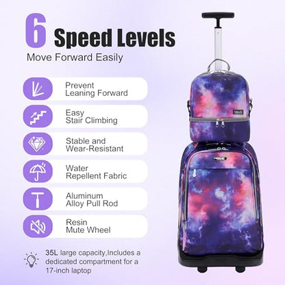 NEW TILAMI 19 Inch Rolling Backpack with Lunch Bag for Girls Boys Wheeled Laptop Backpack Durable Carry-on Bag School Travel, Purple Starry - color: Purple Starry