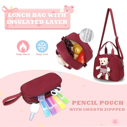 ACESAK School Backpack for Girls - 3 PCS Cute Girls Backpack with Lunch Box & Pencil Case - Kawaii Casual Kids Bookbag School Bag Daypacks Set for Elementary Middle High School Student Teens (Red) - color: Red