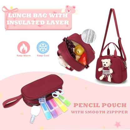 ACESAK School Backpack for Girls - 3 PCS Cute Girls Backpack with Lunch Box & Pencil Case - Kawaii Casual Kids Bookbag School Bag Daypacks Set for Elementary Middle High School Student Teens (Red) - color: Red