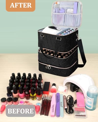 Nail Polish Organizer Bag, 3 Layers Detachable Nail Kit Storage Case PU Leather, Storage Case Holds 84 Bottles(15ml/0.5fl.oz)& Nail Lamp, Large Travel Nail Supplies Shoulder Bag for Manicure Tools