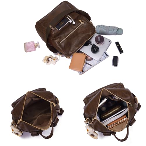 Soperwillton Women Backpack Purse Multipurpose Design Handbags Shoulder Bag PU Leather Travel bag Backpack Set 2pcs - color: Darkcamel