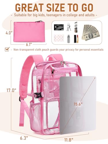 Clear Backpack Heavy Duty for Women Men Boys Girls, Large Clear Bookbag See Through Backpack for School College - color: 13-7#pink+pouch