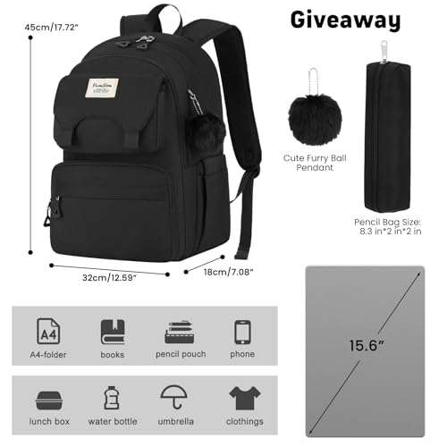YAMTION Backpack for School,Laptop Back Pack for Girls with Multiple Pockets,Travel Backpack for Women,Teenage Bookbag with a Pencil Pouch for High School College（Black ）