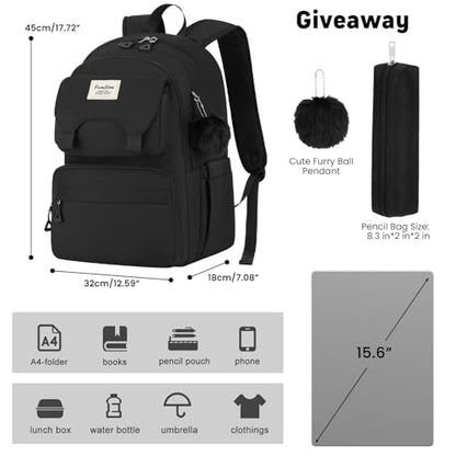 YAMTION Backpack for School,Laptop Back Pack for Girls with Multiple Pockets,Travel Backpack for Women,Teenage Bookbag with a Pencil Pouch for High School College（Black ）