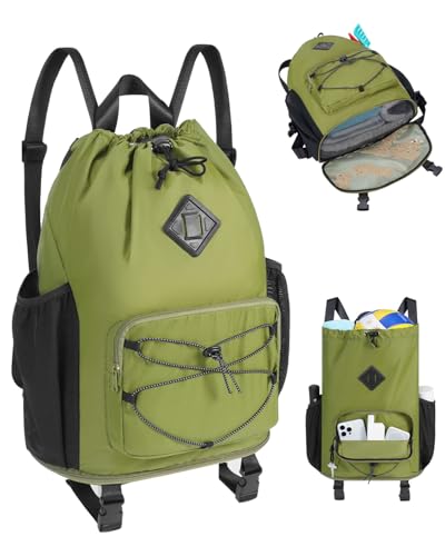WANDF Drawstring Backpack with Removable Wet Pocket, Sandproof Beach Backpack with Bottom Compression Strap for Beach Mat, Swim Bag for Pool, Gym, Travel and Workout Gear (Dark Green) - color: Dark Green