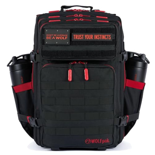 WOLFpak 45L Athletic Gym Backpack (Red Wolf) Durable 1000D Waterproof Oxford Material with MOLLE Webbing, Laptop Pocket & Dual Cup Holders, Durable Fitness/Travel/Military Daypack - color: Red Wolf