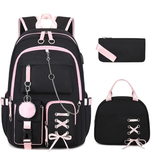 Backpacks for Girls, Girls Backpack with Lunch Box and Pencil Case for Teen Kids Elementary Middle High School College Student, Children Backpack Bookbag with USB Charging Port (Black Pink with Chain) - color: Black & Pink With Chain