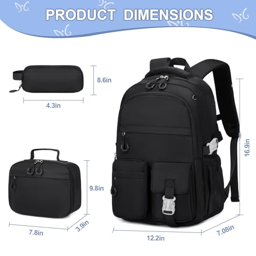 DIGOBAY 3PCS Girls Backpack for School, Kids Backpack for Girls with Lunch Bag Pencil Case, Kids Bookbag Teen Girl Backpacks for Elementary Middle High College School (Black) - color: Black