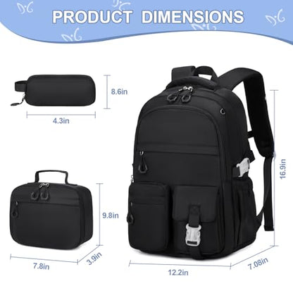 DIGOBAY 3PCS Girls Backpack for School, Kids Backpack for Girls with Lunch Bag Pencil Case, Kids Bookbag Teen Girl Backpacks for Elementary Middle High College School (Black) - color: Black