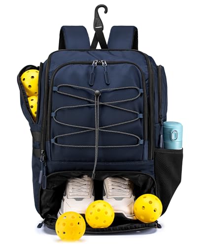 Pickleball Bag Large Sports Pickleball Backpack Fits 4+ Paddles with Wet Shoe Compartment and Fence Hook for Men Women - color: Blue