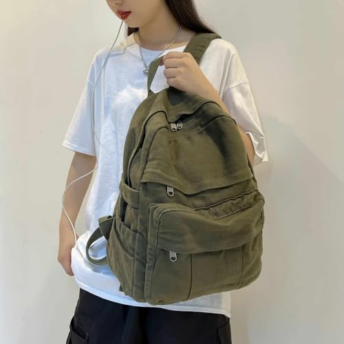 Military Green Canvas Backpack for Women & Men Retro Aesthetic Rucksack Basic Backpack for High School/College Students Travel Laptop Bag - color: Olive Green