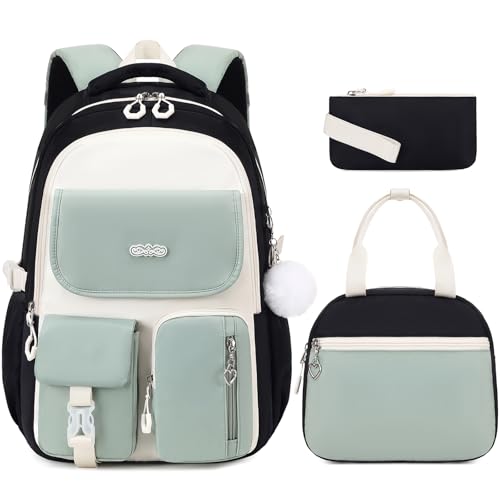 DIGOBAY Backpacks for Girls, 3PCS School Backpack with Lunch Box Pencil Pouch for Teen Girls Kids Elementary Primary Middle High College Travel School bag Bookbag Set （Black Green） - color: Black Green