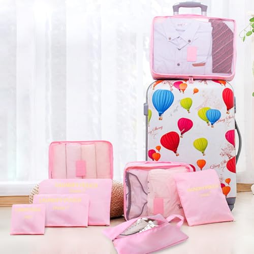 8 Set Packing Cubes for Travel Luggage Packing Bags Reusable Waterproof Suitcase Organizer Cubes Set with Shoe Bag and Toiletry Bag (Pink) - color: Pink