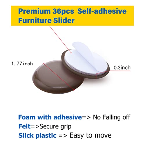 36pcs Self-Adhesive Furniture Sliders, 1-7/9" Furniture Moving Pads-Sticky Carpet Slider for Protect Carpeted Surface, Furniture Carrier- Easily Move Any Items (Brown) - size: 1 7/9 inch
