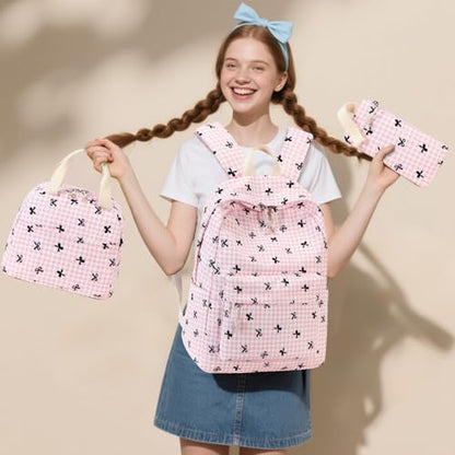 LEDAOU Backpack for Girls School Bag Kids Bookbag Teen Backpack Set Daypack with Lunch Bag and Pencil Case | Kids - color: B -Pink Checkered Bowtie -6
