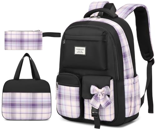 3 Packs Girls Backpack Teen Girls Bookbag with Lunch Box, Big Student School Backpack for Middle High School College Women Cute Schoolbag for Kids Teenage Back Pack, Black Purple - color: Black Purple, size: 15.6in-3 pack
