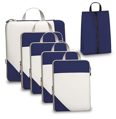 Compression Travel Packing Cubes with White Mesh, Blue, 6Pcs | Waterproof fabric and See-Through Mesh, Space-Saving Compression Organizer for Travel and Daily Clothes Storage - color: Blue, size: Set of 6