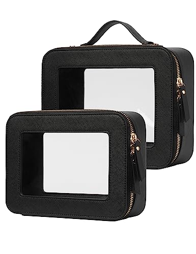 Popvibe Clear Makeup Case Set Black Toiletry Bag Travel Large Clear Cosmetic Bag with Zipper, Big Make Up Bag Organizer Women Traveling TSA Approved Transparent Bag Car for Essentials - color: Black, style: Dual Elegance