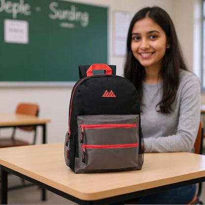 Summit Ridge Colorful Big Backpack for School Kids, Multi Pocket Backpack for Elementary, Middle School Girls, Boys with Padded Straps (Black/Red) - color: Black/Red