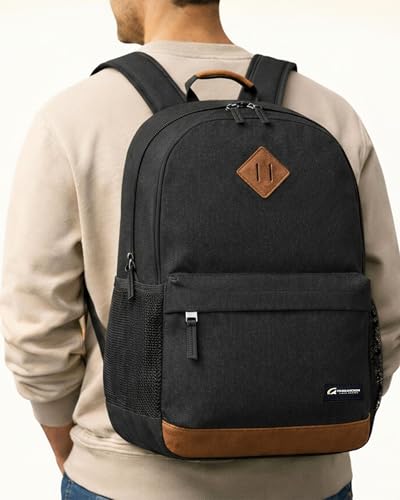 TRAILKICKER Classic Laptop Backpack with Padded 17 inch Laptop Sleeve, Multi Pocket Backpack, Casual Daypack Backpacks (Black & Brown) - color: Black & Brown