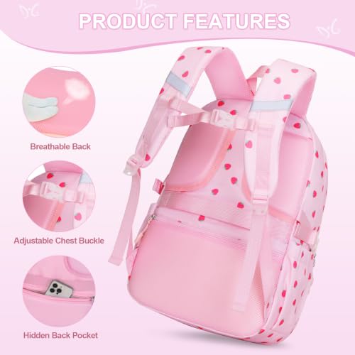 DIGOBAY 3PCS Girls Backpack for School, Kids Backpack for Girls with Lunch Bag Pencil Case, Kids Bookbag Teen Girl Backpacks for Elementary Middle High College School (Pink Strawberry) - color: Pink Strawberry