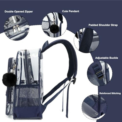 Heavy Duty Clear Backpack for Girls Boys Transparent School Bookbag Kids Durable PVC See Through Backpack-Navy Blue - color: Navy Blue
