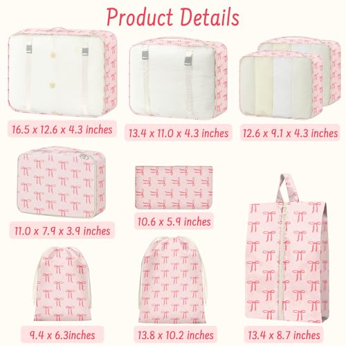 9 Set Packing Cubes for Travel Essentials - Lightweight Carry-On Luggage Organizer Bags with Shoe, Clothes & Laundry Bags for Airplane, Family & Business Travel, Pink bow - color: Pink bow