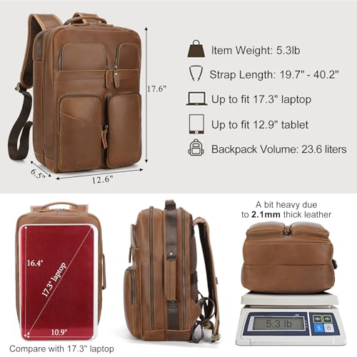 TIDING 17.3 Inch Full Grain Leather Laptop Backpack for Men Multi Pockets Casual Daypack Travel Rucksack - color: Brown
