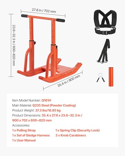 VEVOR Football Sleds and Chutes, Weight Sled, Football Training Pull Push Running Sled, Fitness Workout Sled Push Gym Equipment, Adjustable Height Handle, Compatible 1/2 in Weight Plates - style: T-Handle Orange