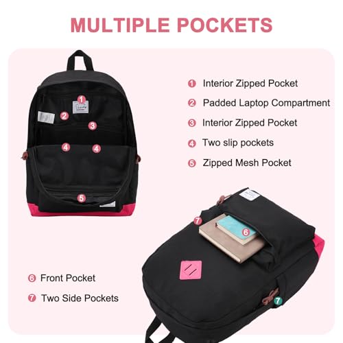 Backpack for Men Women,VASCHY Classic Water-resistant Lightweight Travel School Backpack Casual Daypack - color: Black Fushia