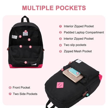 Backpack for Men Women,VASCHY Classic Water-resistant Lightweight Travel School Backpack Casual Daypack - color: Black Fushia