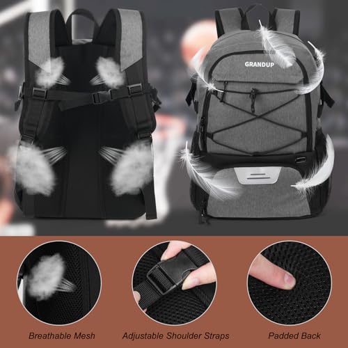 GRANDUP Basketball backpack with ball and shoes compartment Fit Volleyball, soccer, Swim, Gym, Travel, and School, large capacity sports training equipment bags - color: Grey tow ton