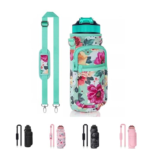 Water Bottle Holder with Strap, Insulated Crossbody Sling Bag, Carrier with Phone Pocket for Walking Hiking Camping Fishing - color: Flower Green 04, size: 32oz Long