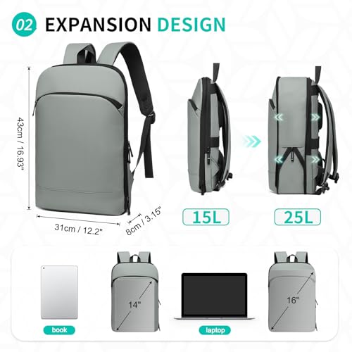 Slim Laptop Backpack for Men, Expandable Business Backpack with 16" Laptop Compartment - TSA 15L-25L Capacity Lightweight for Work Office, Light Gray - color: Light Gray