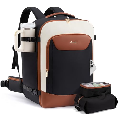 LOVEVOOK 56L Travel Backpack for Women Men with Load-Lifting Waist Belt, Medium Checked Backpack for Airplanes fits 18" Laptop, Waterproof Large Backpack Airline Approved with 2 Packing Cubes - color: Black-beige-brown, size: 56L-3Pcs